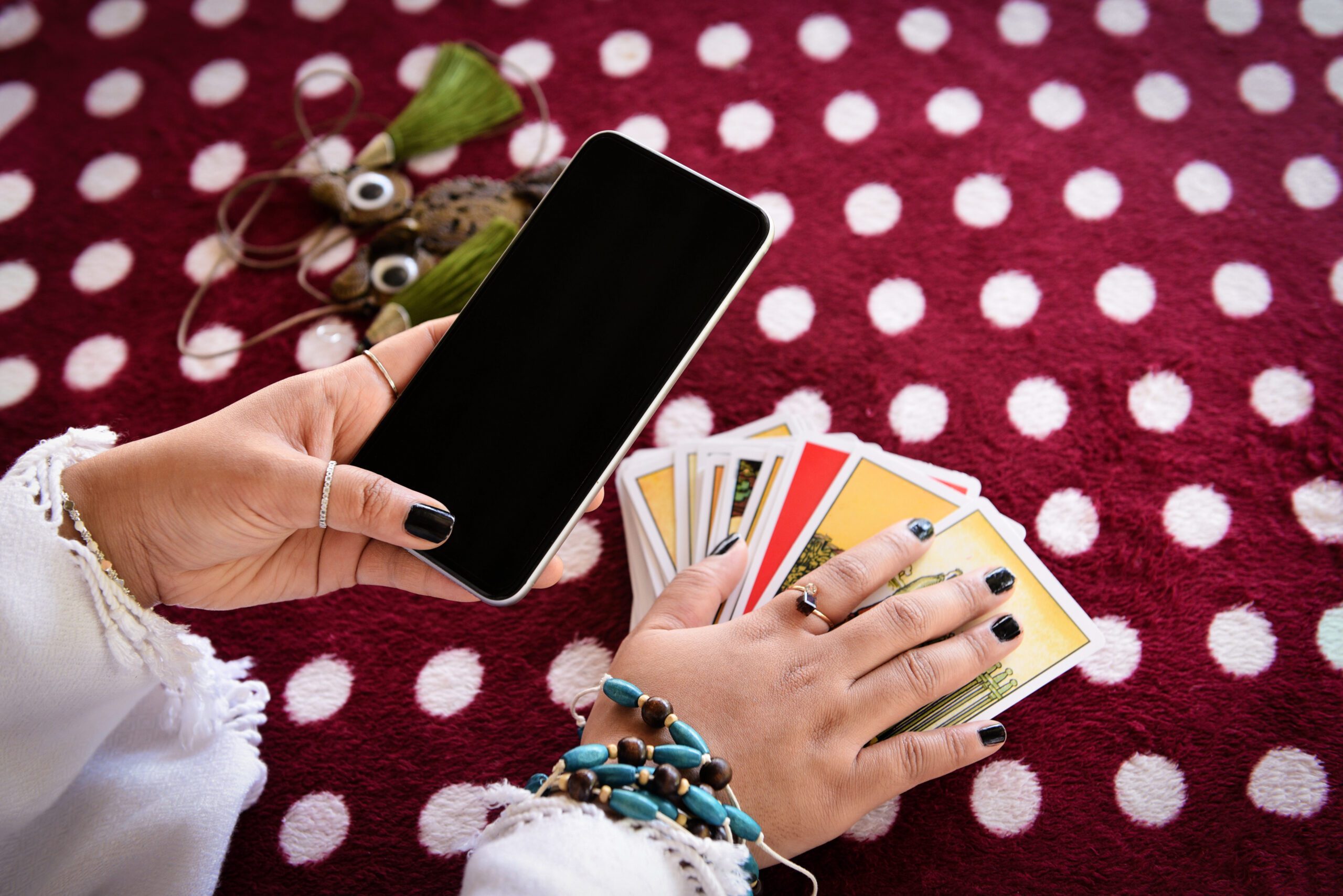 Fortune teller reading fortune lines on screen smartphone modern horoscopes online fortune
