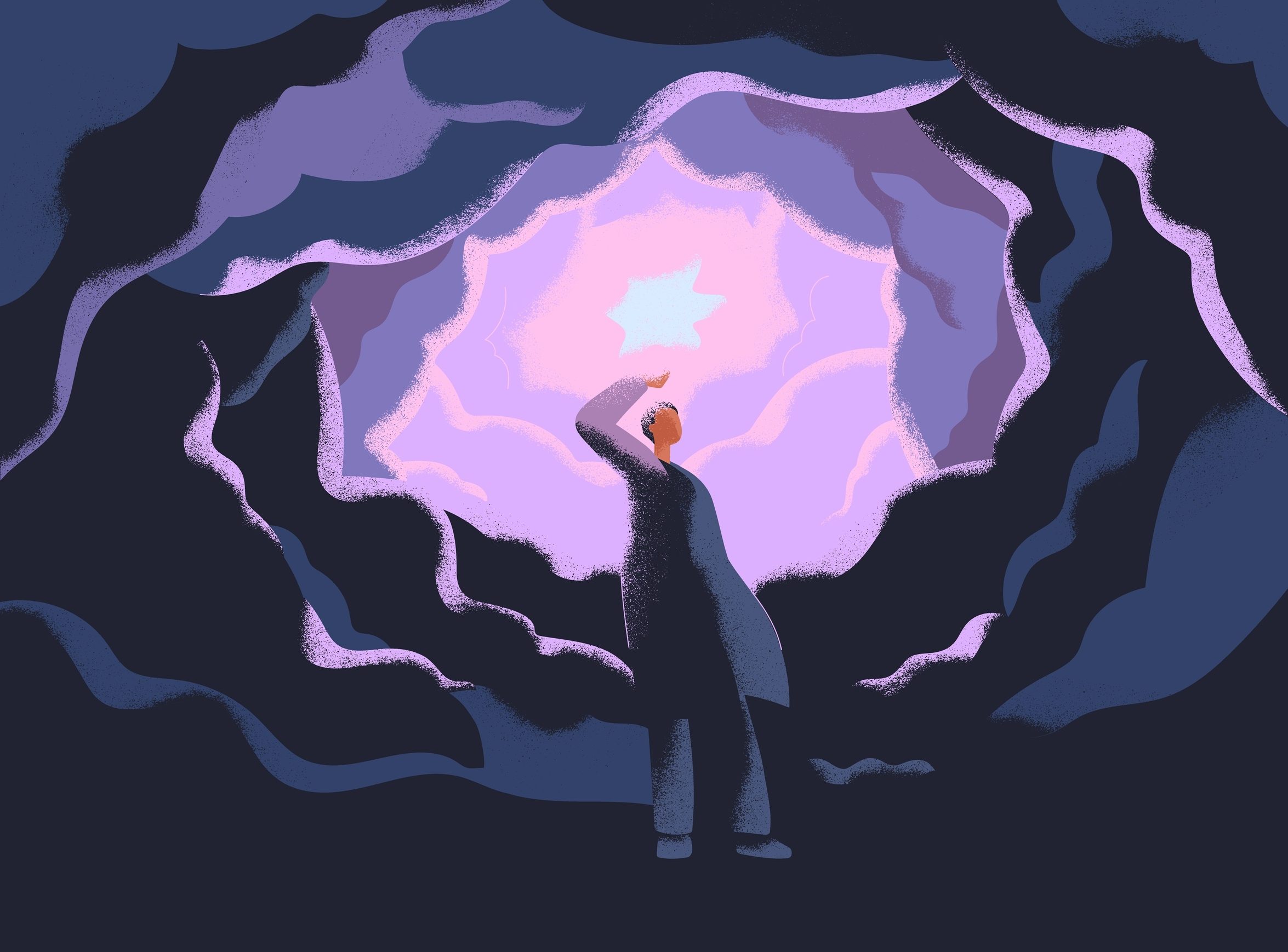 Man reaching for glowing celestial unknown light. Hope, mystery, magic wonder, mystical miracle concept. Spiritual discovery. Dream, imagination, psychic insight. Psychology flat vector illustration